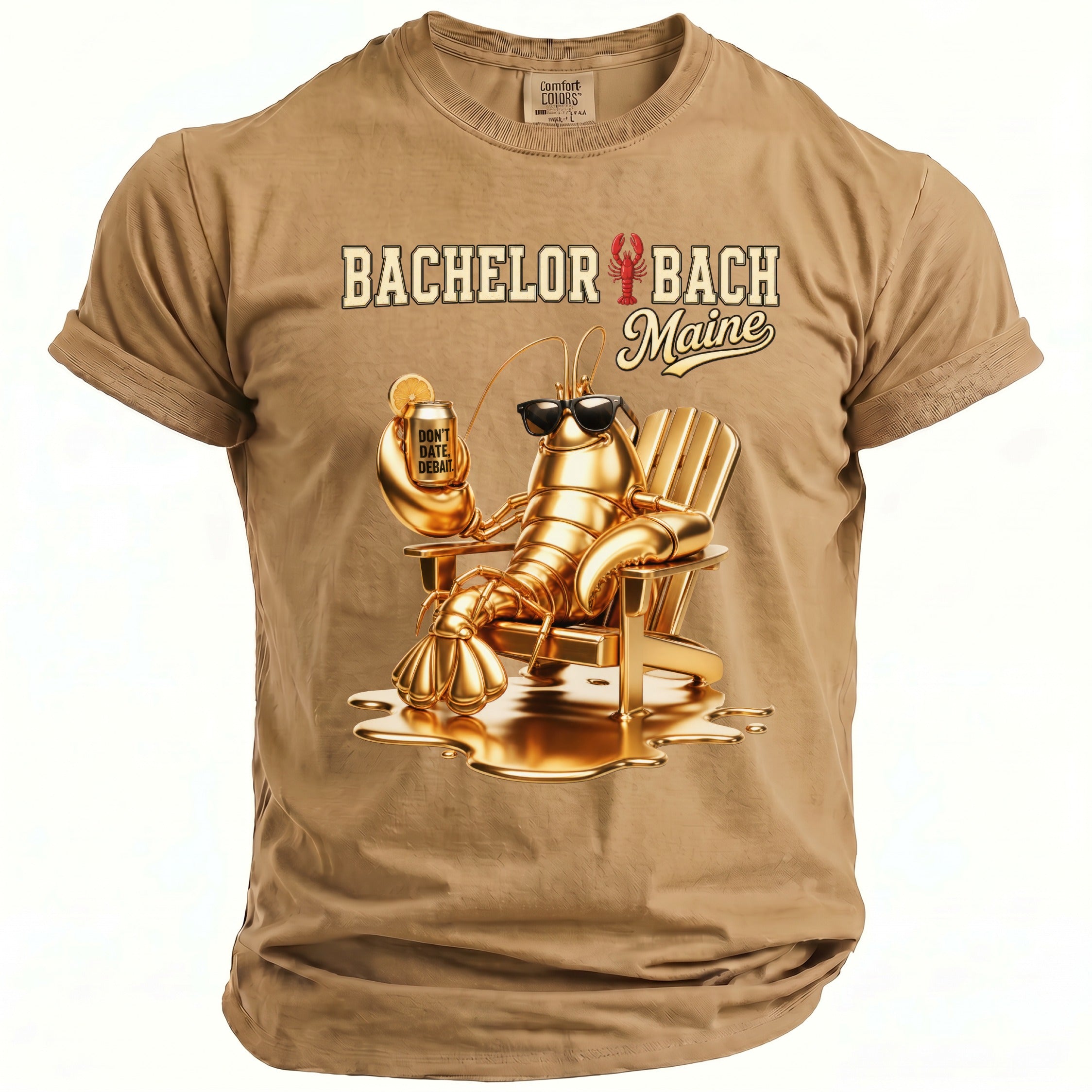Tan t-shirt with gold lobster holding drink, "Bachelor Bach Maine" text.