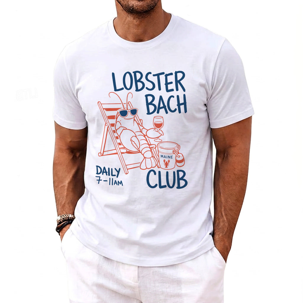 White t-shirt with lobster graphic and text: LOBSTER BACH CLUB, DAILY 7-11AM