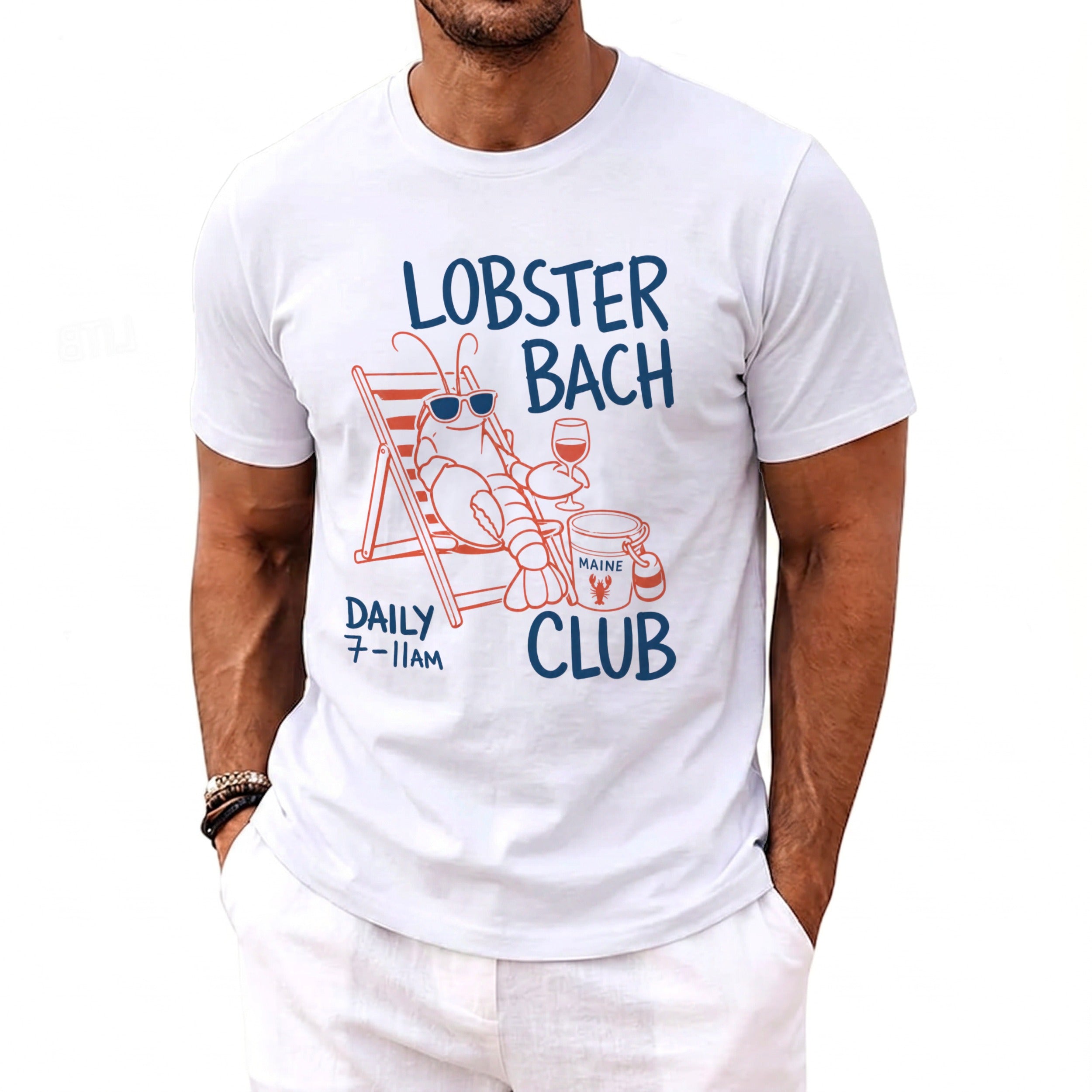 White t-shirt with lobster graphic and text: LOBSTER BACH CLUB, DAILY 7-11AM