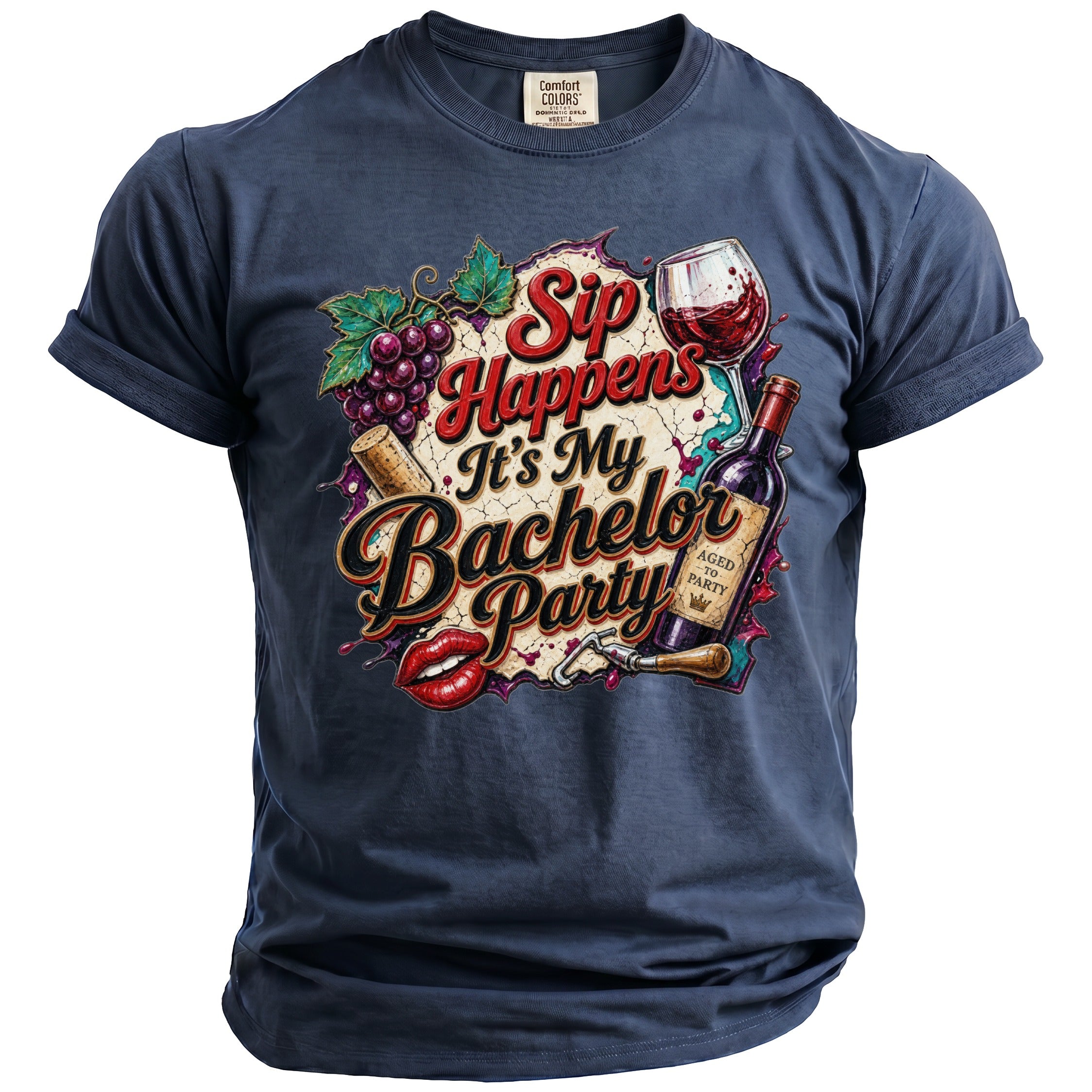 Dark blue t-shirt with "Sip Happens It's My Bachelor Party" graphic.