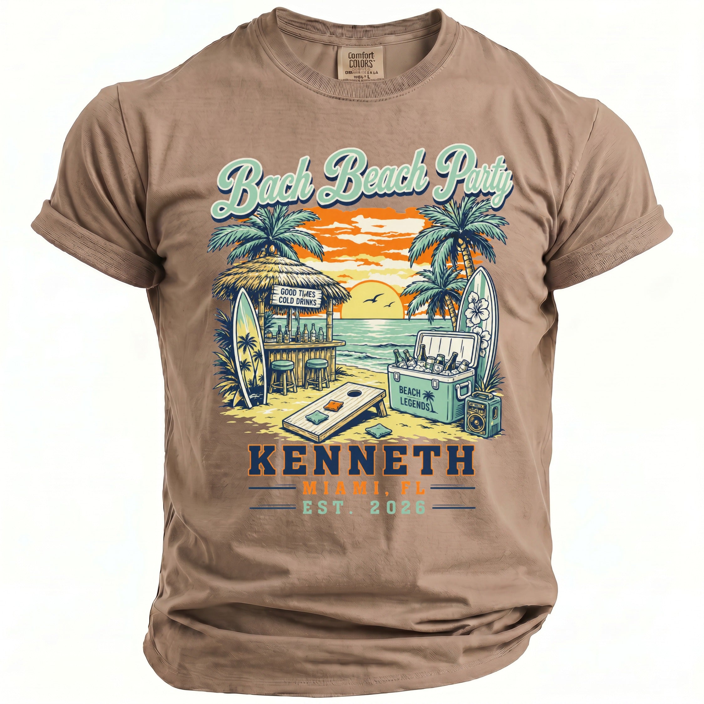 T-shirt graphic: Beach party scene with text "Bach Beach Party," "Kenneth," and "Miami, FL Est. 2026."
