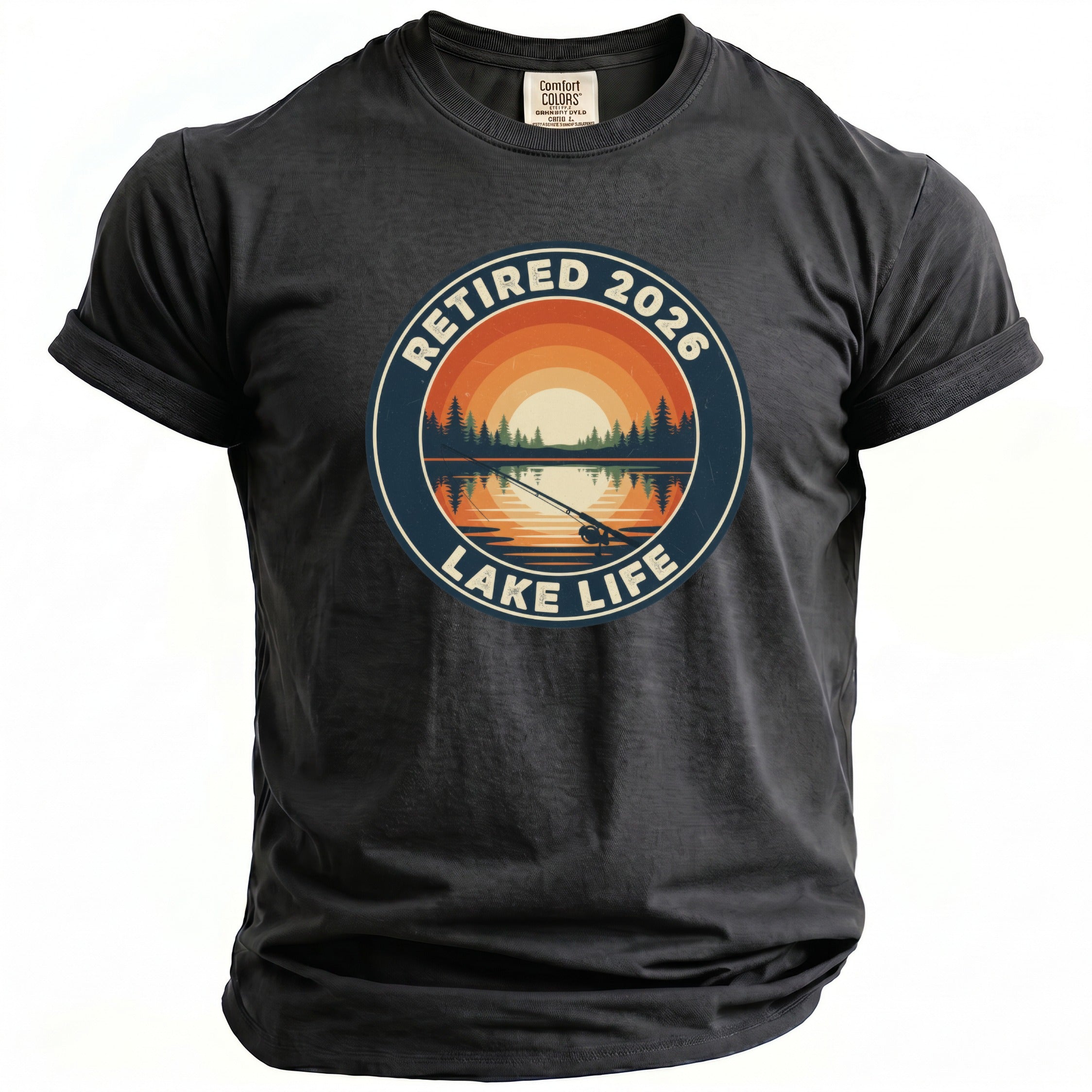 Dark grey t-shirt with "Retired 2026 Lake Life" circular graphic.
