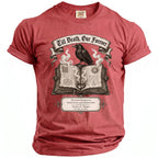 Red t-shirt graphic with raven on book, "Till Death, Our Forever" and personalized text.