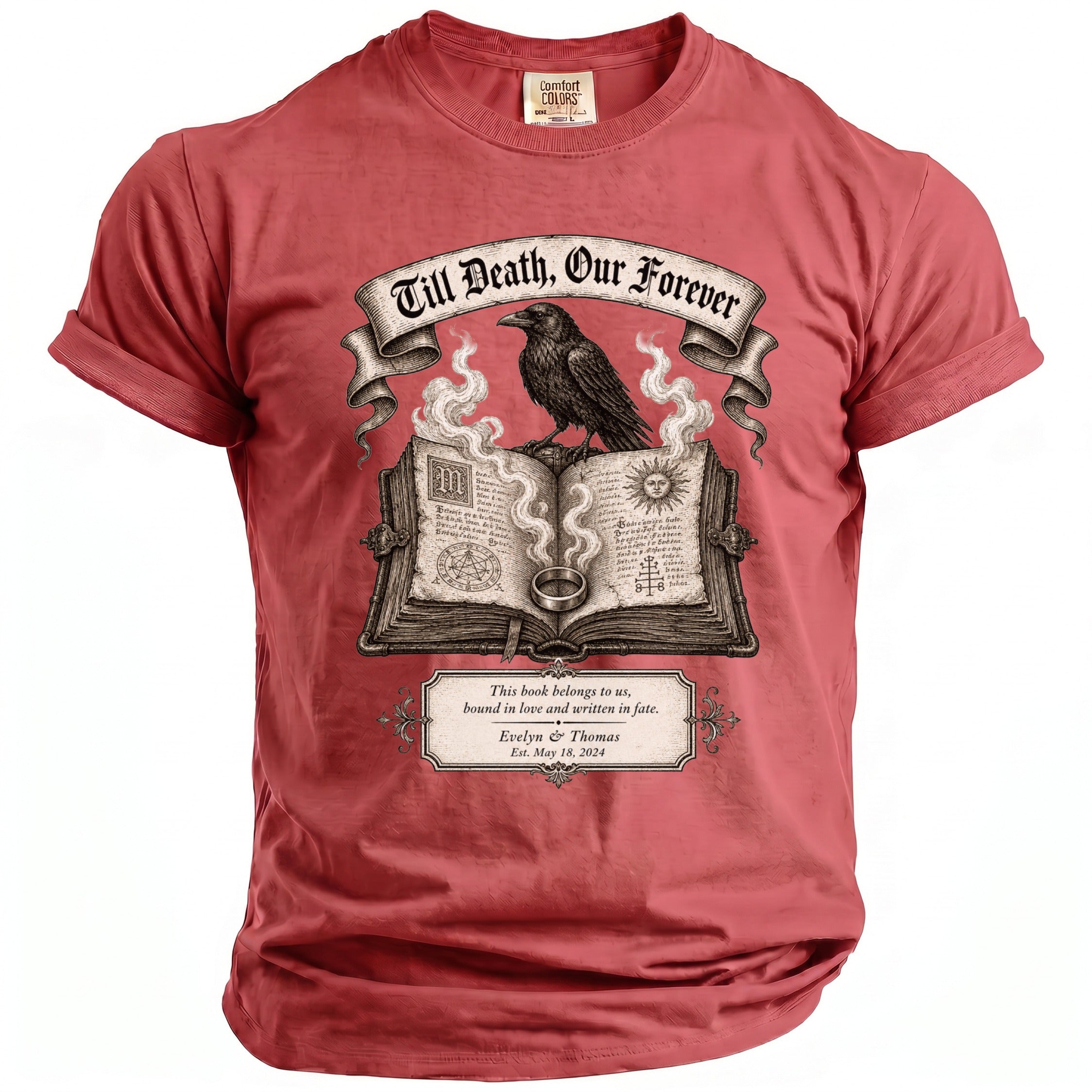 Red t-shirt graphic with raven on book, "Till Death, Our Forever" and personalized text.