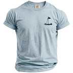 Light blue t-shirt with black golf flag, putter, and ball graphic.