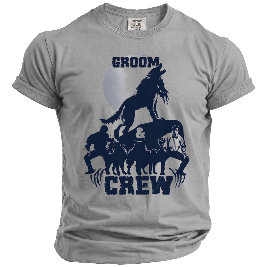 Grey t-shirt with "Groom" and "Crew" text and wolf illustrations.