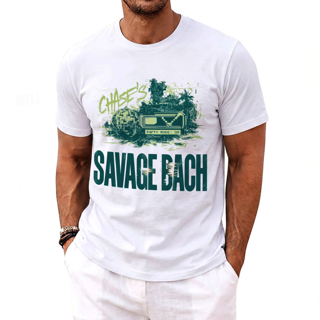 White t-shirt with "CHASE'S" and "SAVAGE BACH" text and graphic design.