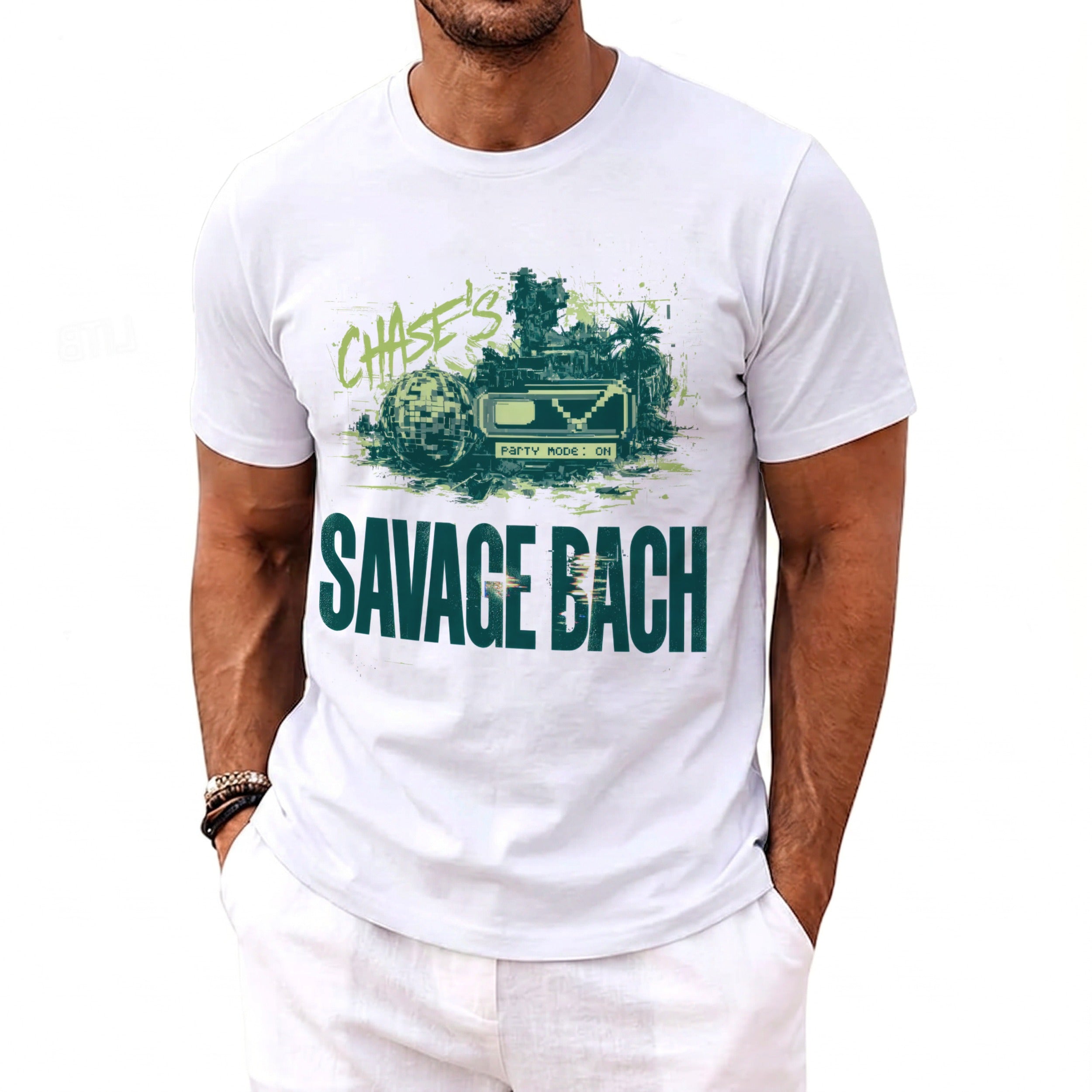 White t-shirt with "CHASE'S" and "SAVAGE BACH" text and graphic design.