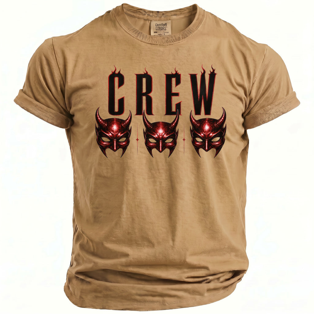 Tan t-shirt with "CREW" text and three red demon masks.