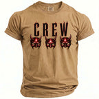 Tan t-shirt with "CREW" text and three red demon masks.