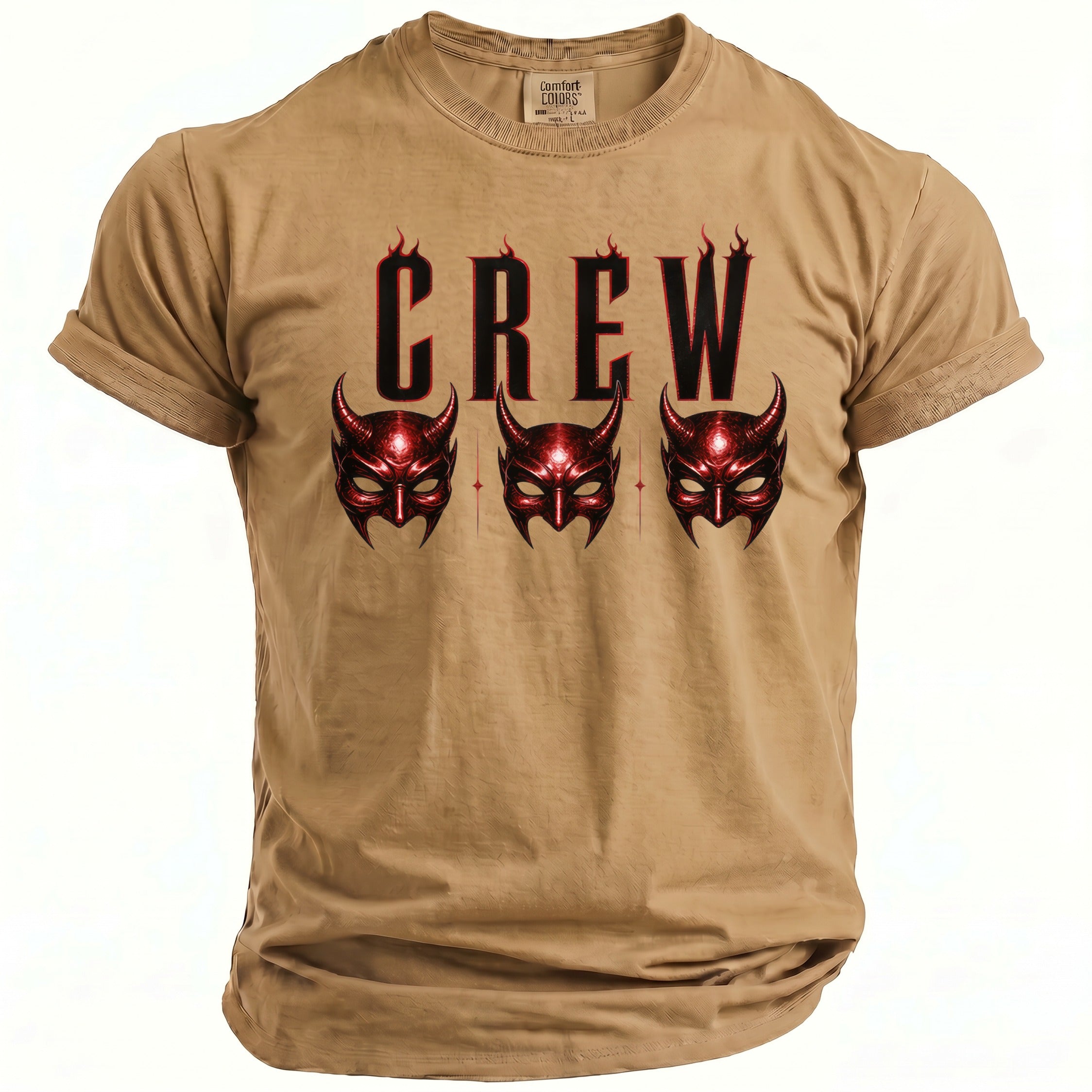 Tan t-shirt with "CREW" text and three red demon masks.