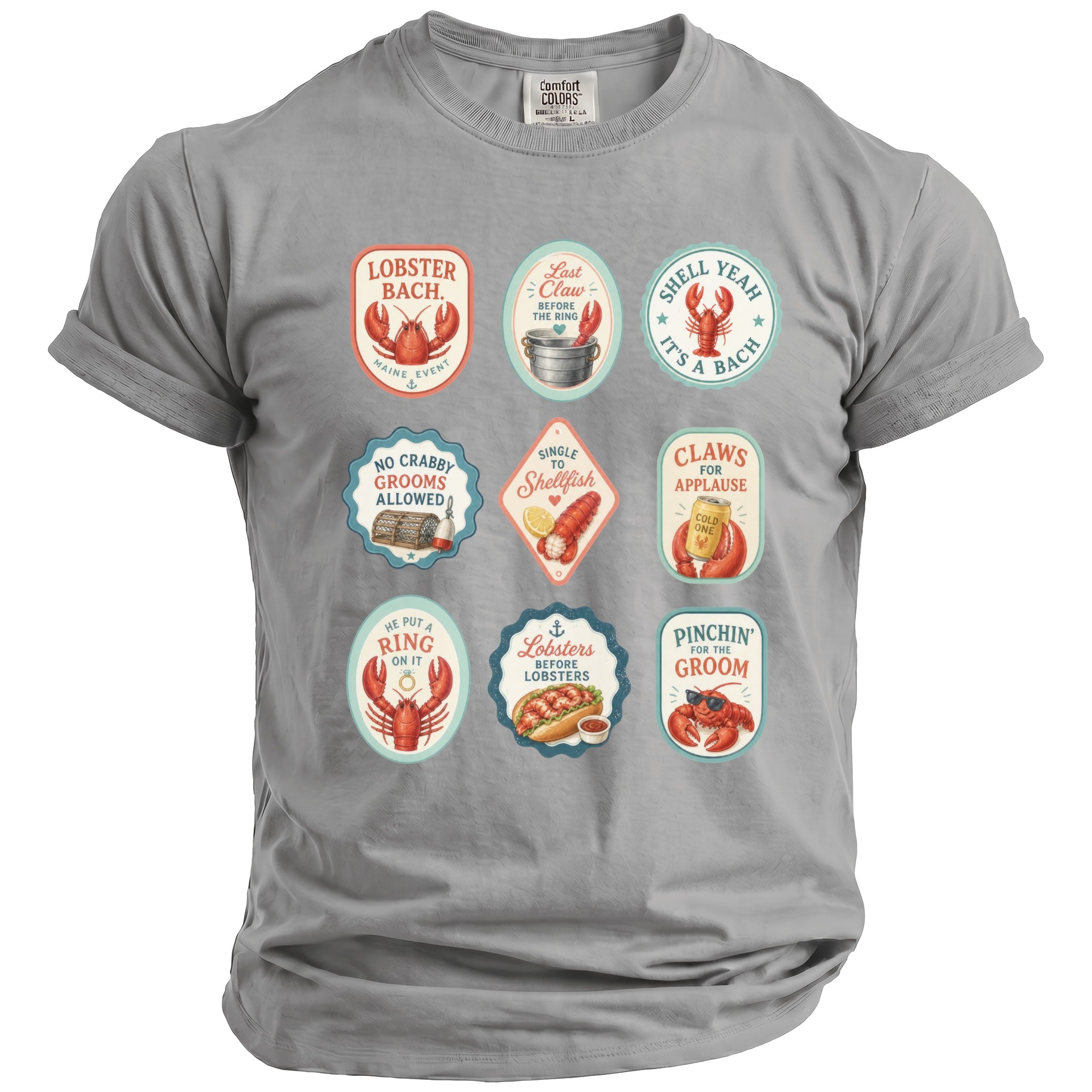 Gray t-shirt with nine oval designs featuring lobsters and text like "Lobster Bach" and "Shell Yeah."
