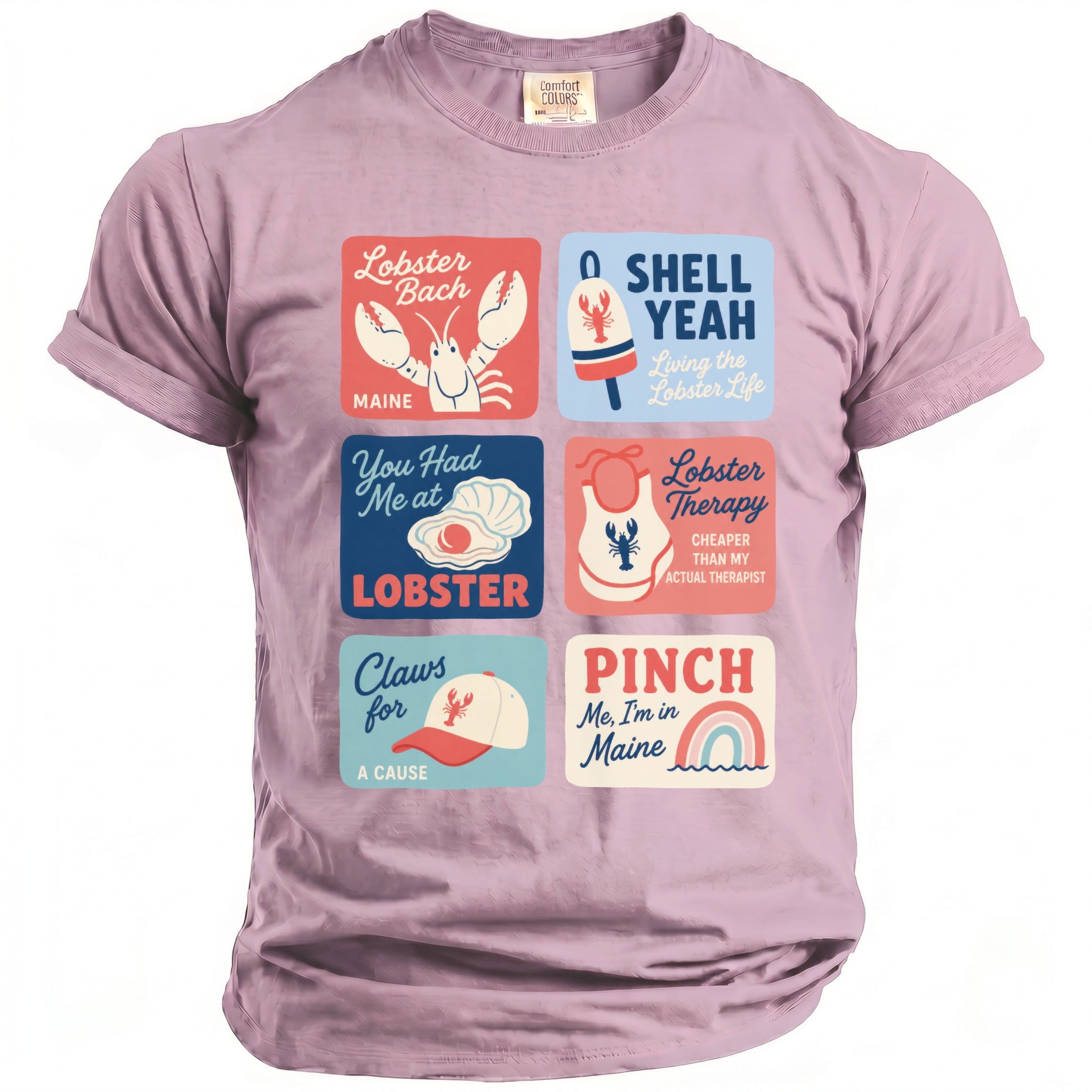 Lavender t-shirt with six lobster-themed graphics and text about Maine.