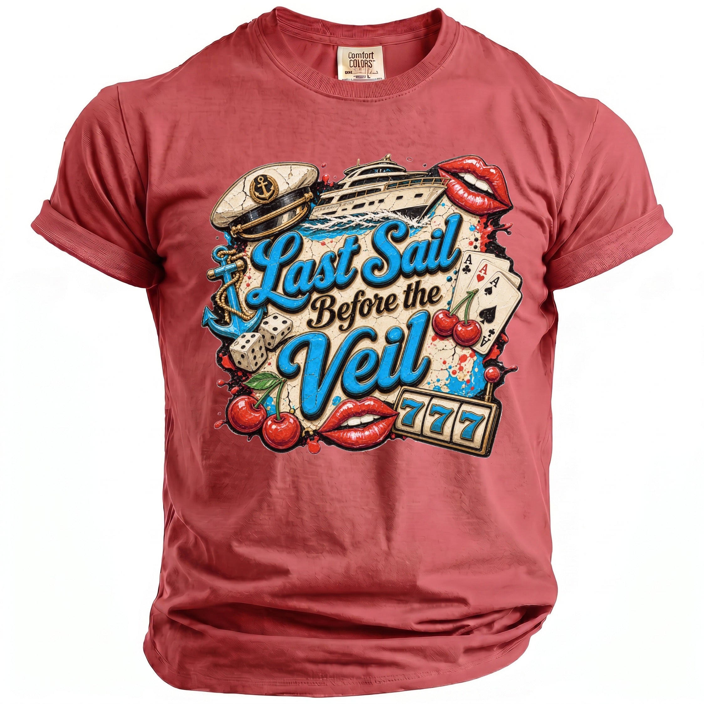 A red crew-neck t-shirt featuring a colorful nautical bachelorette design with the text Last Sail Before the Veil.