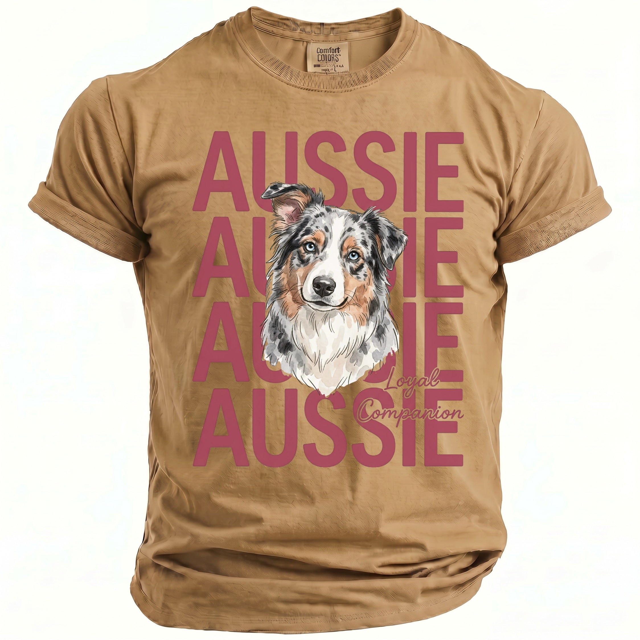 Brown t-shirt with an Australian Shepherd dog portrait and "Aussielove Companion" text.