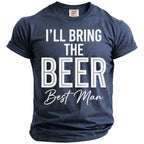 Dark blue t-shirt with "I'LL BRING THE BEER Best Man" printed in white.
