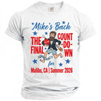 T-shirt with "Mike's Bach The Final Countdown" and groom running with a bomb.
