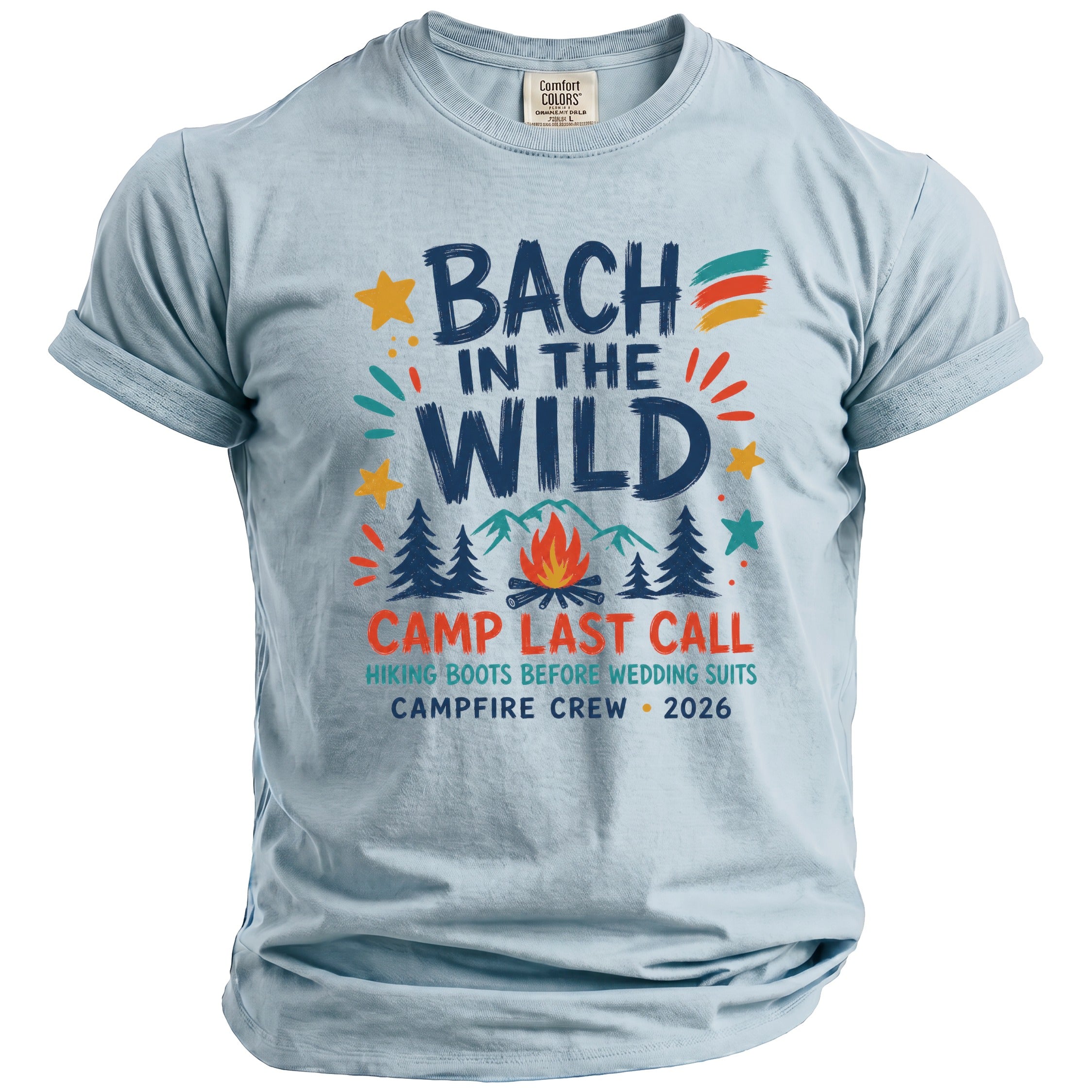 Light blue t-shirt with "Bach in the Wild Camp Last Call" graphic.
