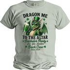 Green dragon with glasses and hat holding beer, text "Dragon Me To The Altar Bachelor Party".