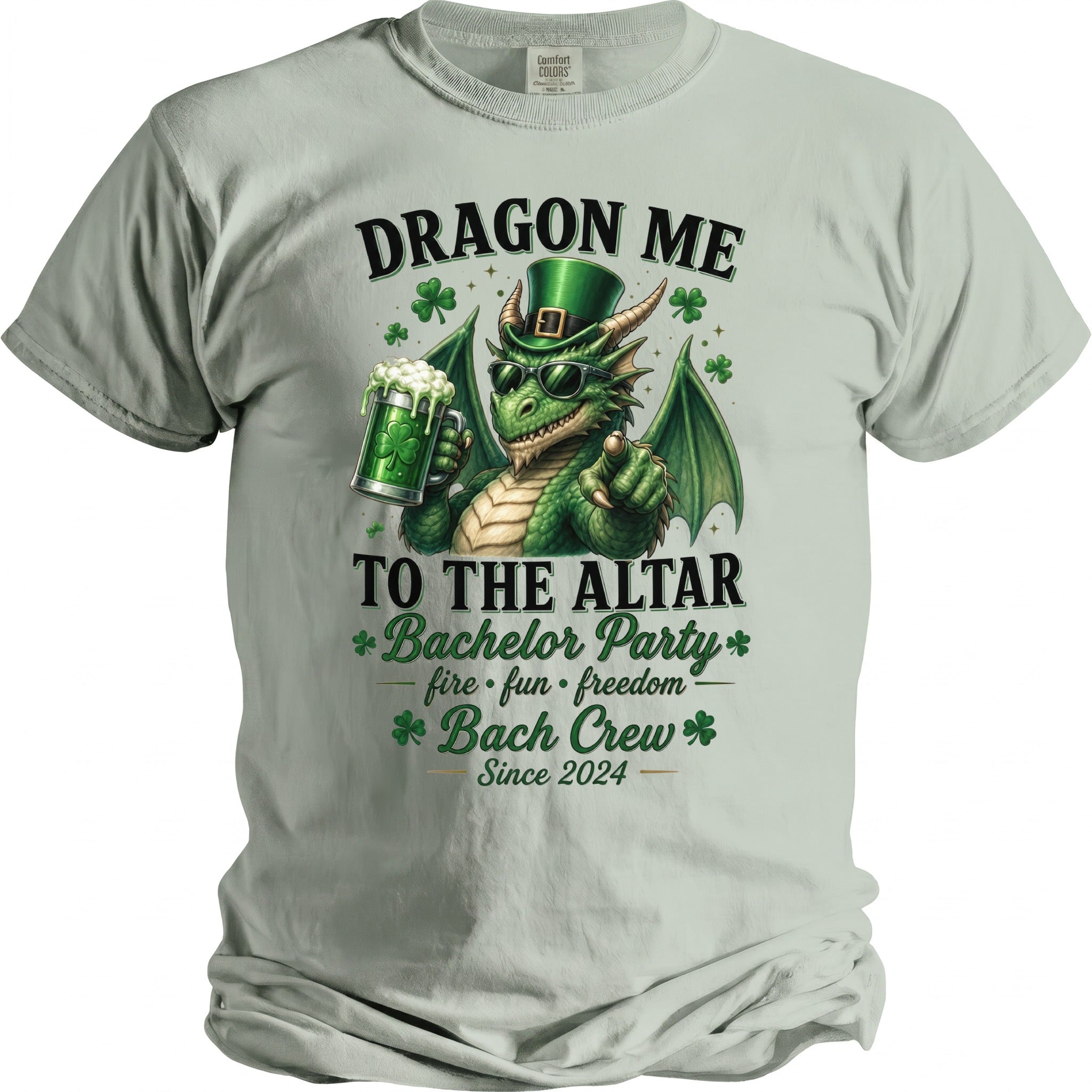 Green dragon with glasses and hat holding beer, text "Dragon Me To The Altar Bachelor Party".