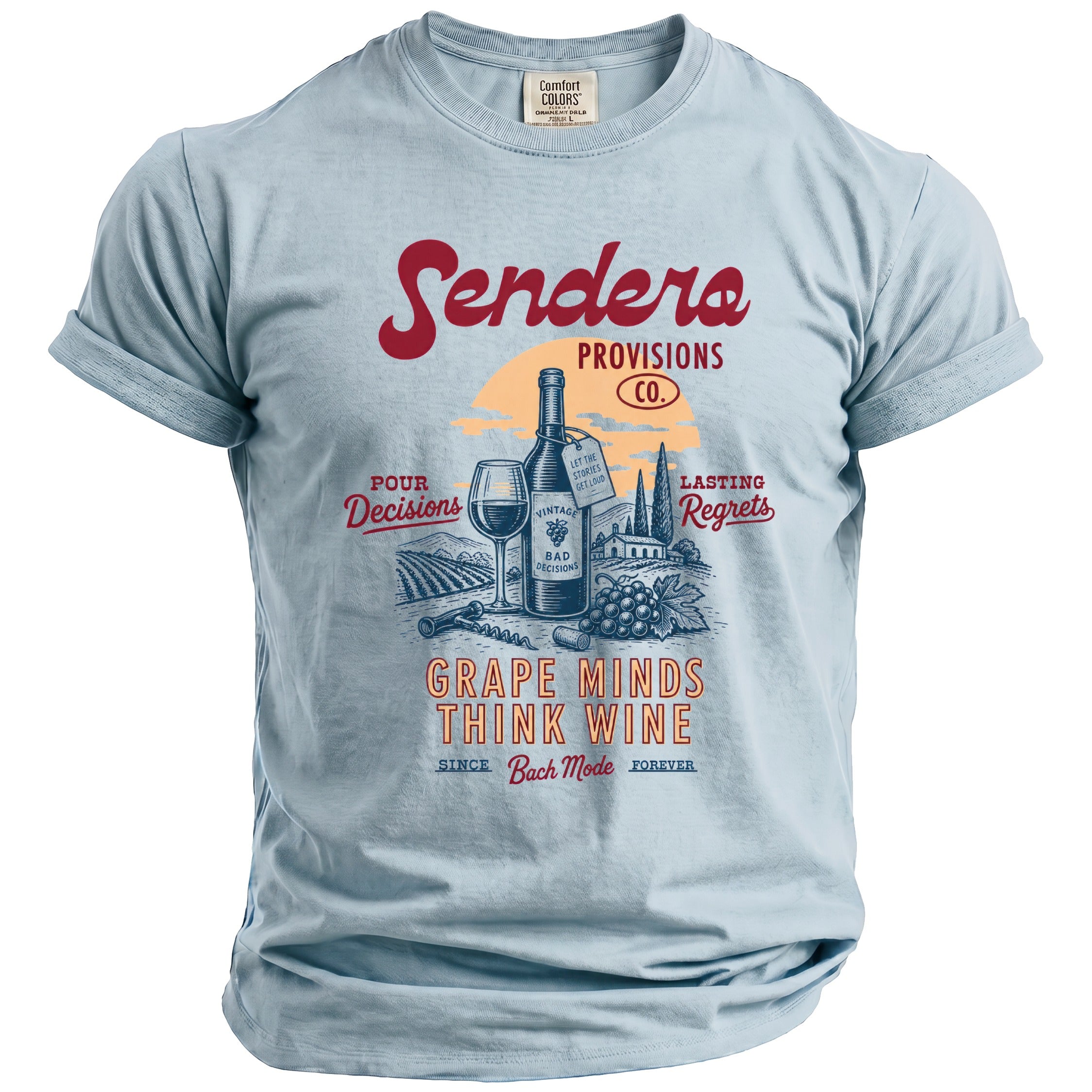 Light blue t-shirt with vintage grape harvest graphic and "Grape Minds Think Wine" text.