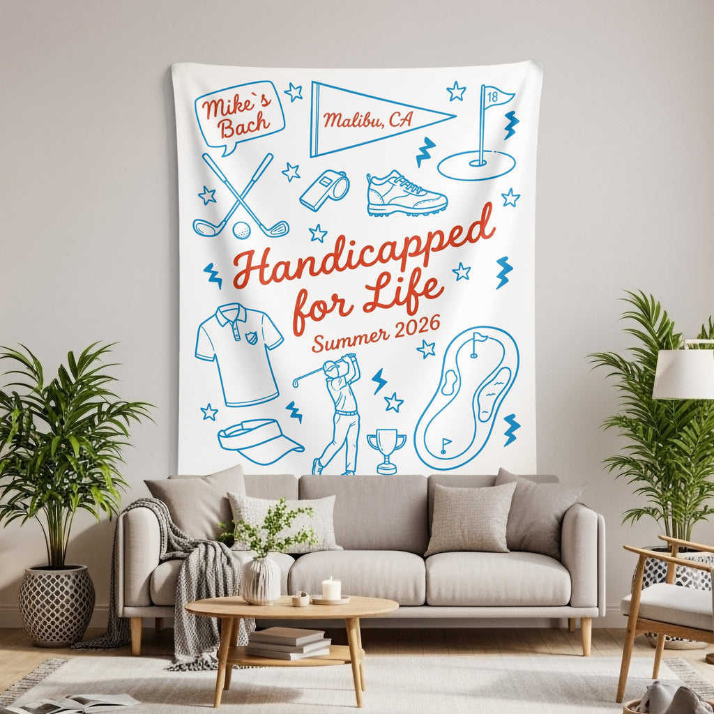 Tapestry with "Mike's Bach", golf illustrations, and "Handicapped for Life".