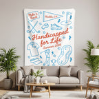 Tapestry with "Mike's Bach", golf illustrations, and "Handicapped for Life".