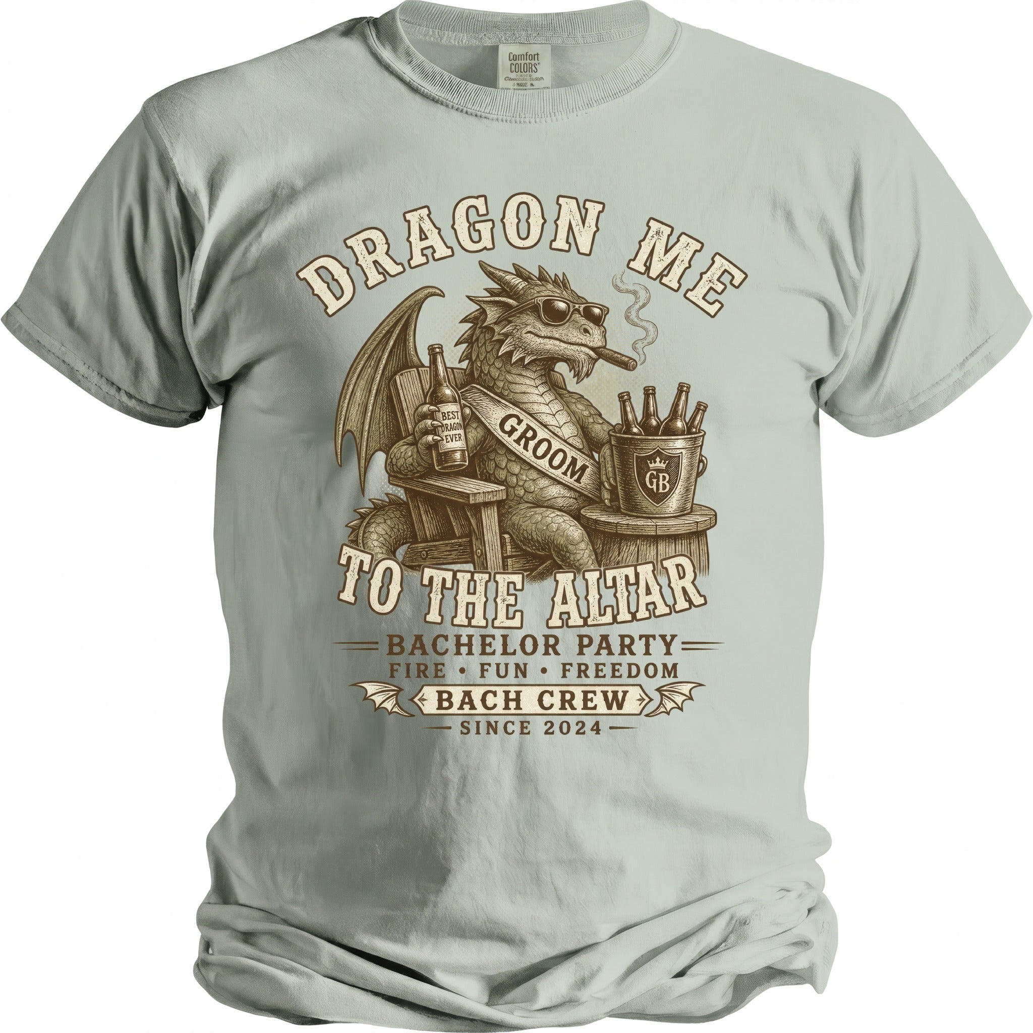 Dragon groom in sunglasses sits with beer and cigar. Text: Dragon Me To The Altar.