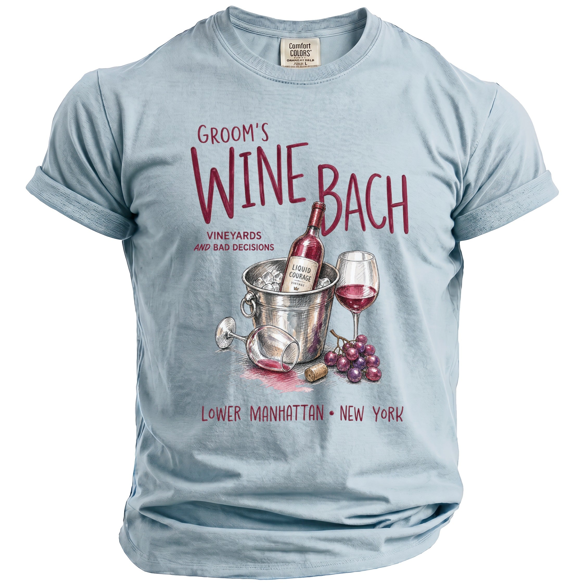Light blue t-shirt with "Groom's Wine Bach" graphic and Lower Manhattan, New York text.