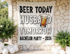 Beer today husband tomorrow bachelor party banner with beer mug illustration.