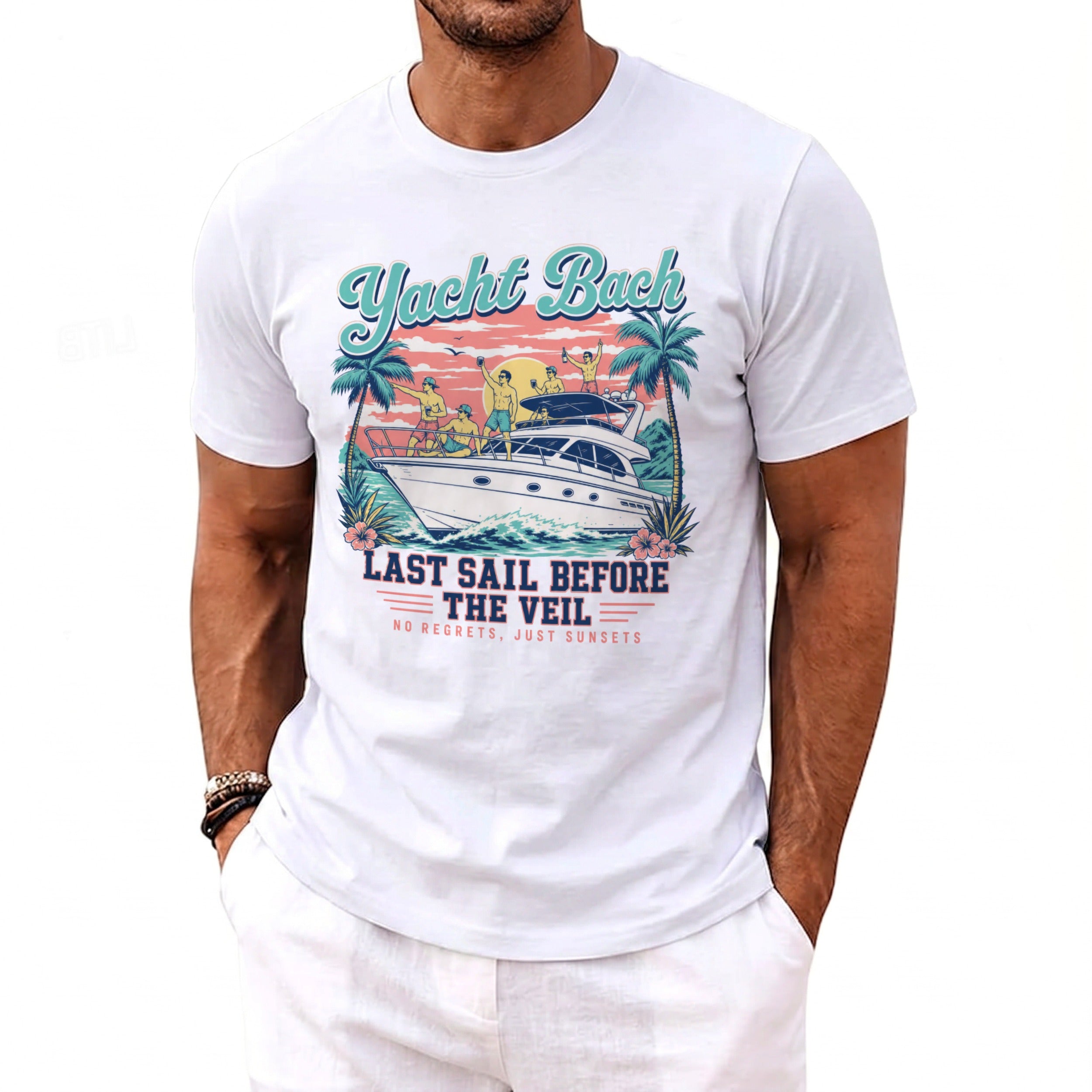 A man wearing a white t-shirt featuring a retro yacht party graphic and the text Yacht Bach Last Sail Before The Veil.