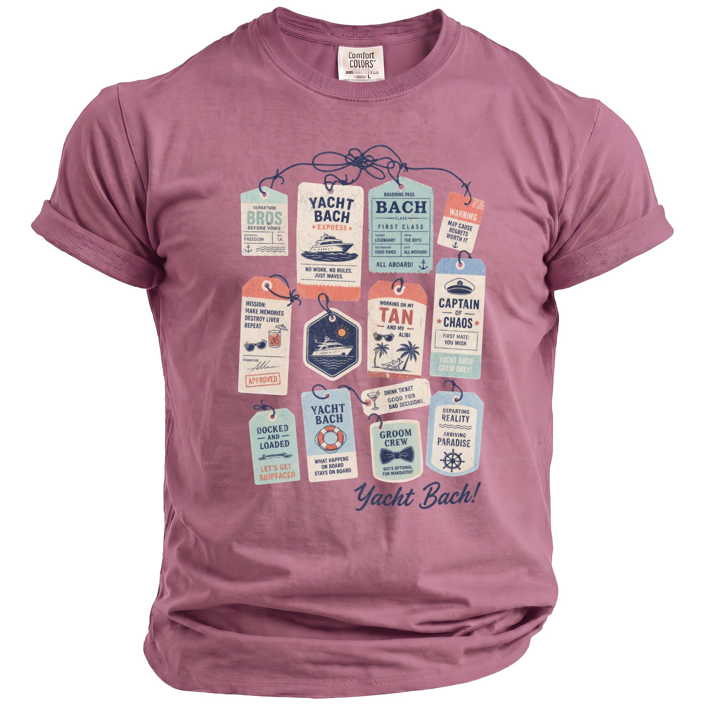 Rose t-shirt with a graphic of multiple luggage tags for "Yacht Bach."