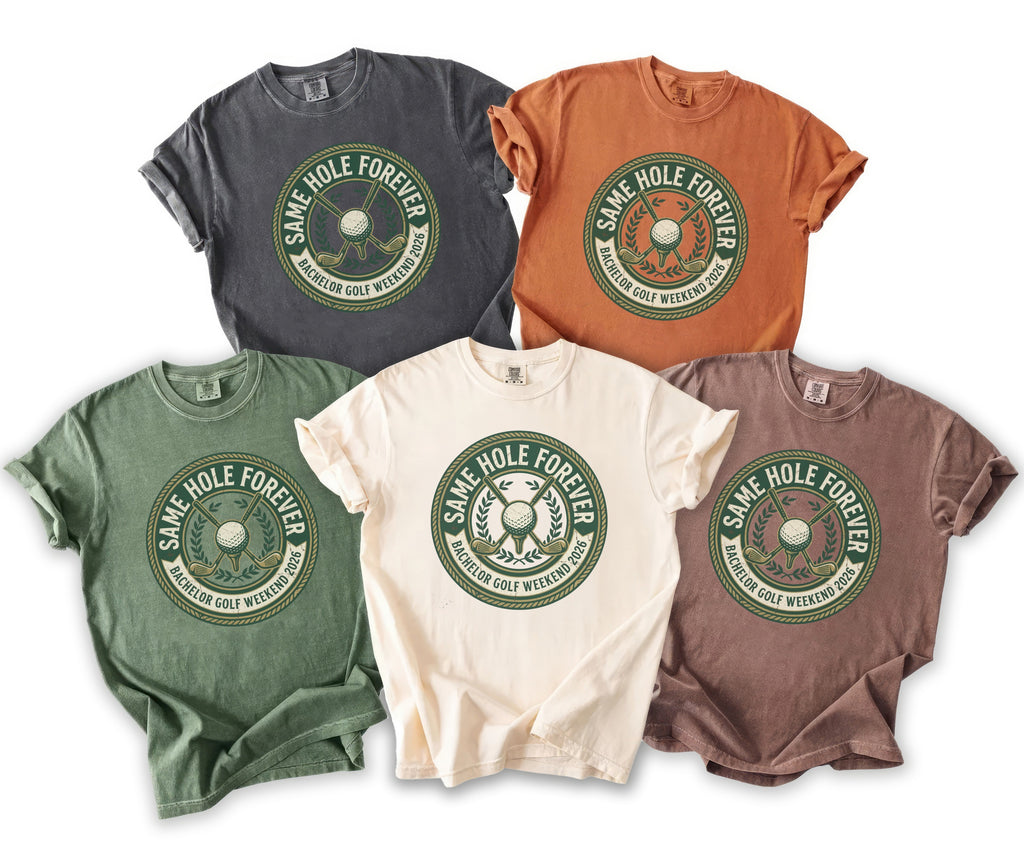 T-shirts with "Same Hole Forever Bachelor Golf Weekend 2026" graphic.