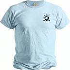 Light blue t-shirt with black golf icon featuring crossed clubs, shield, ball, and rings.