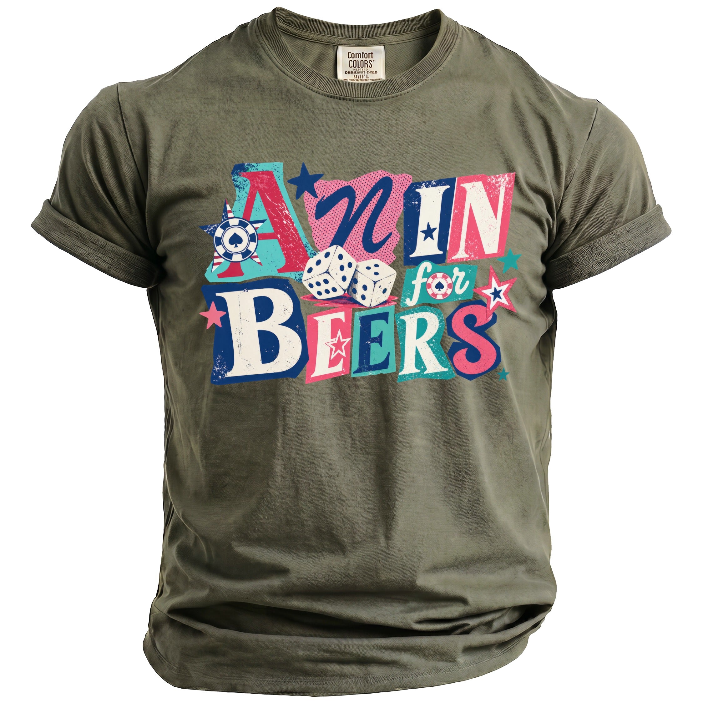 Green t-shirt with "Winning for Beers" text, dice, and casino chips.