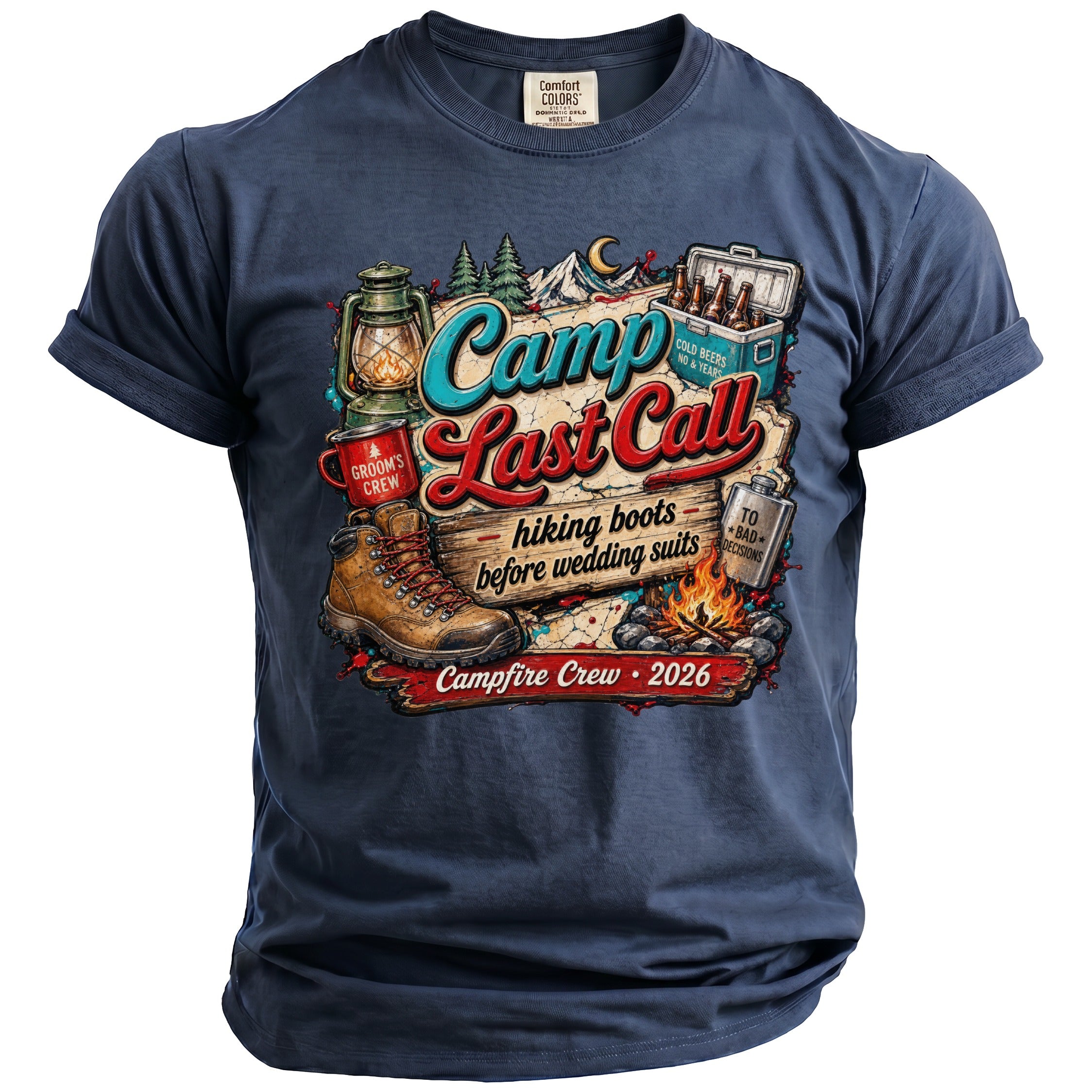 A dark blue crewneck t-shirt featuring a camping-themed graphic with text reading Camp Last Call.