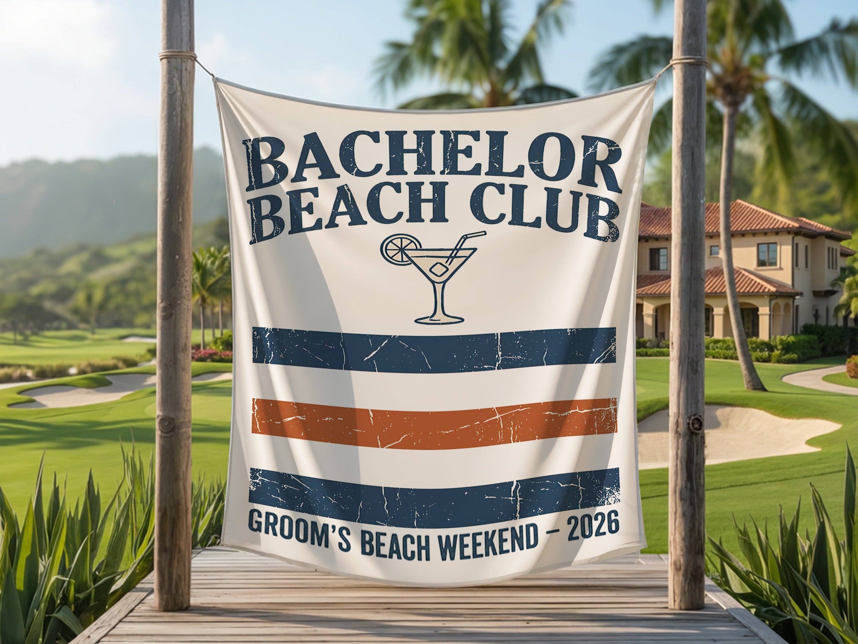 Bachelor Beach Club banner for Groom's Beach Weekend 2026.