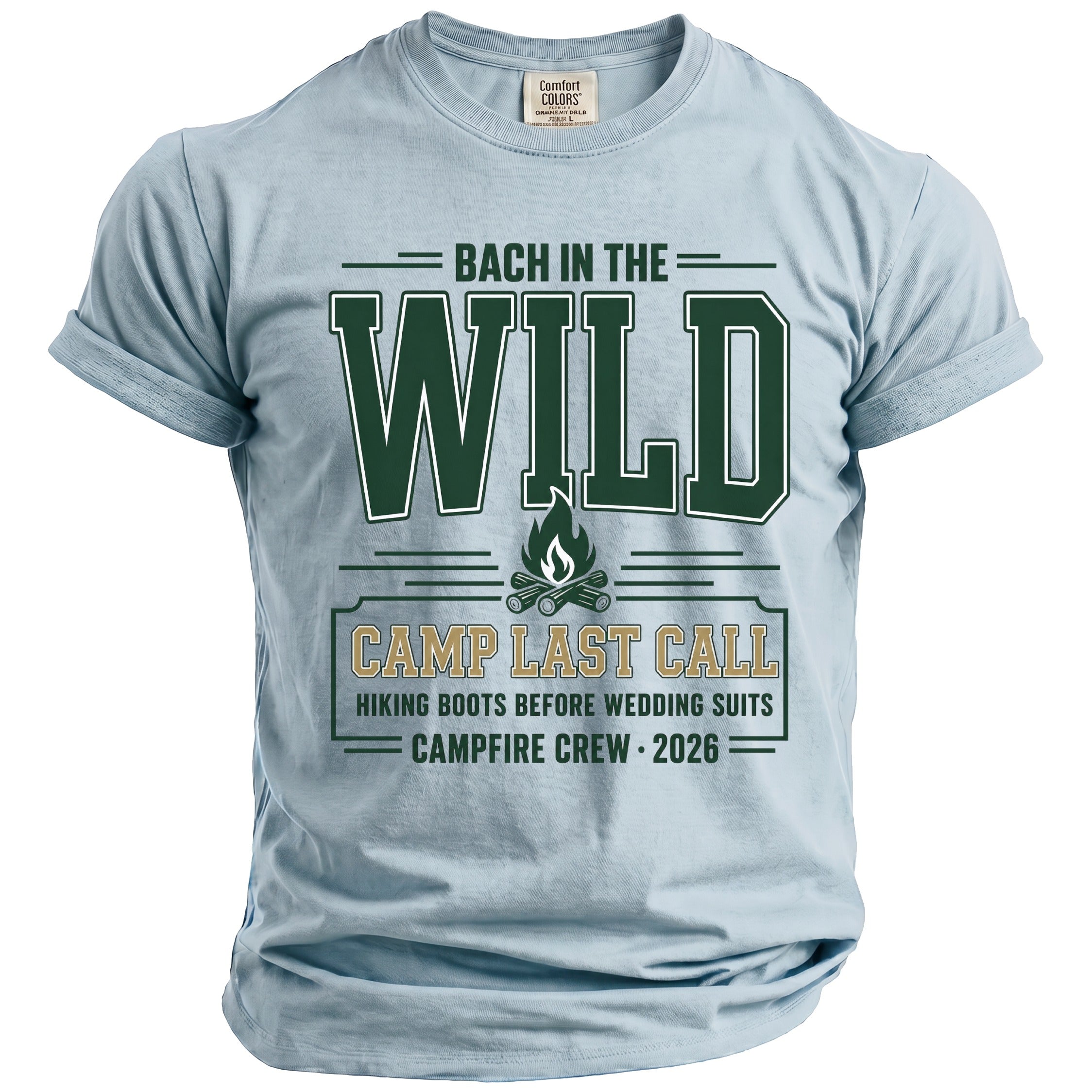 Light blue t-shirt with "Bach in the Wild" and campfire graphic.