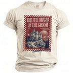 T-shirt graphic: "The Fellowship of the Groom", castle, mountains, Edinburgh, Scotland, Summer 2026.