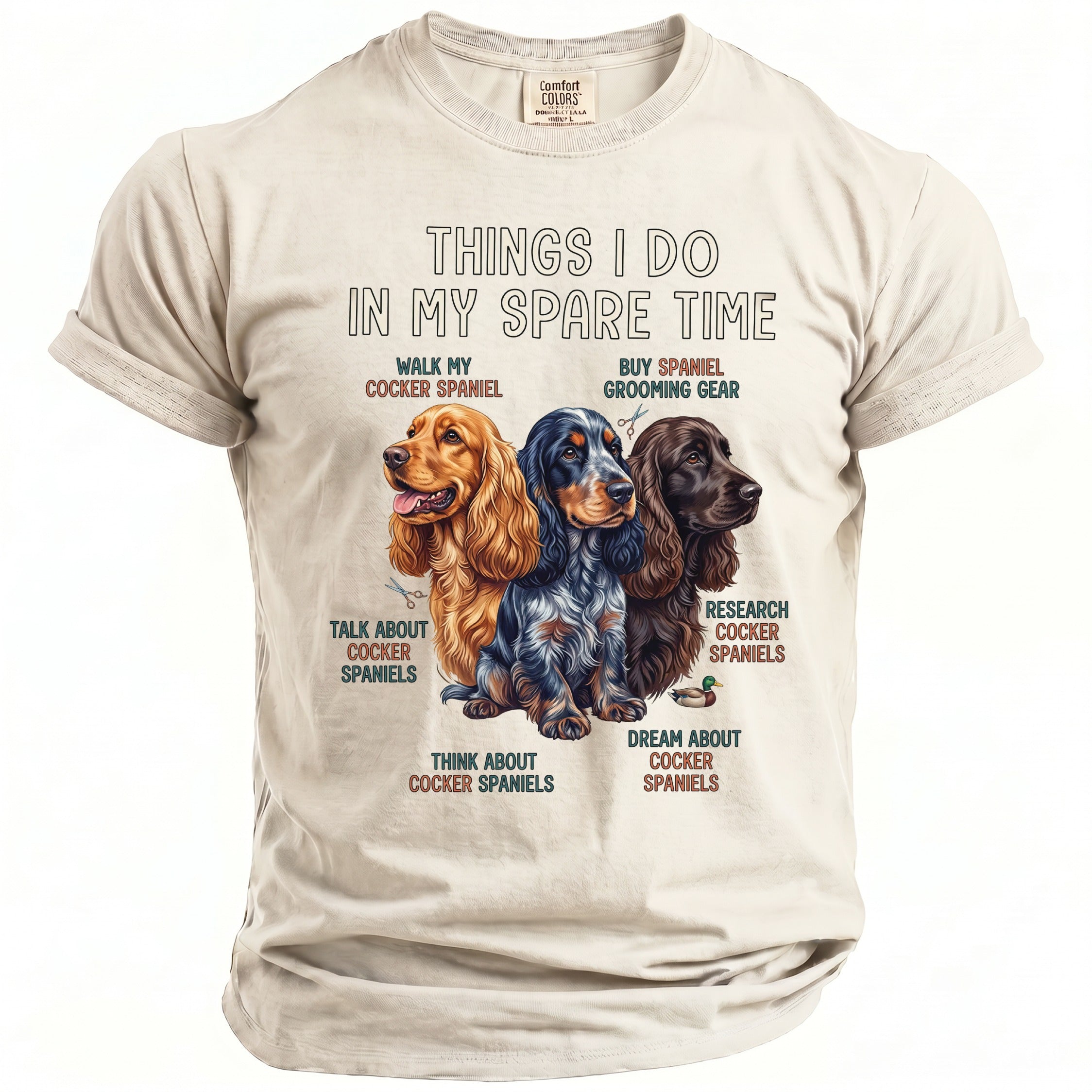 T-shirt with three cocker spaniels and text about spare time activities.