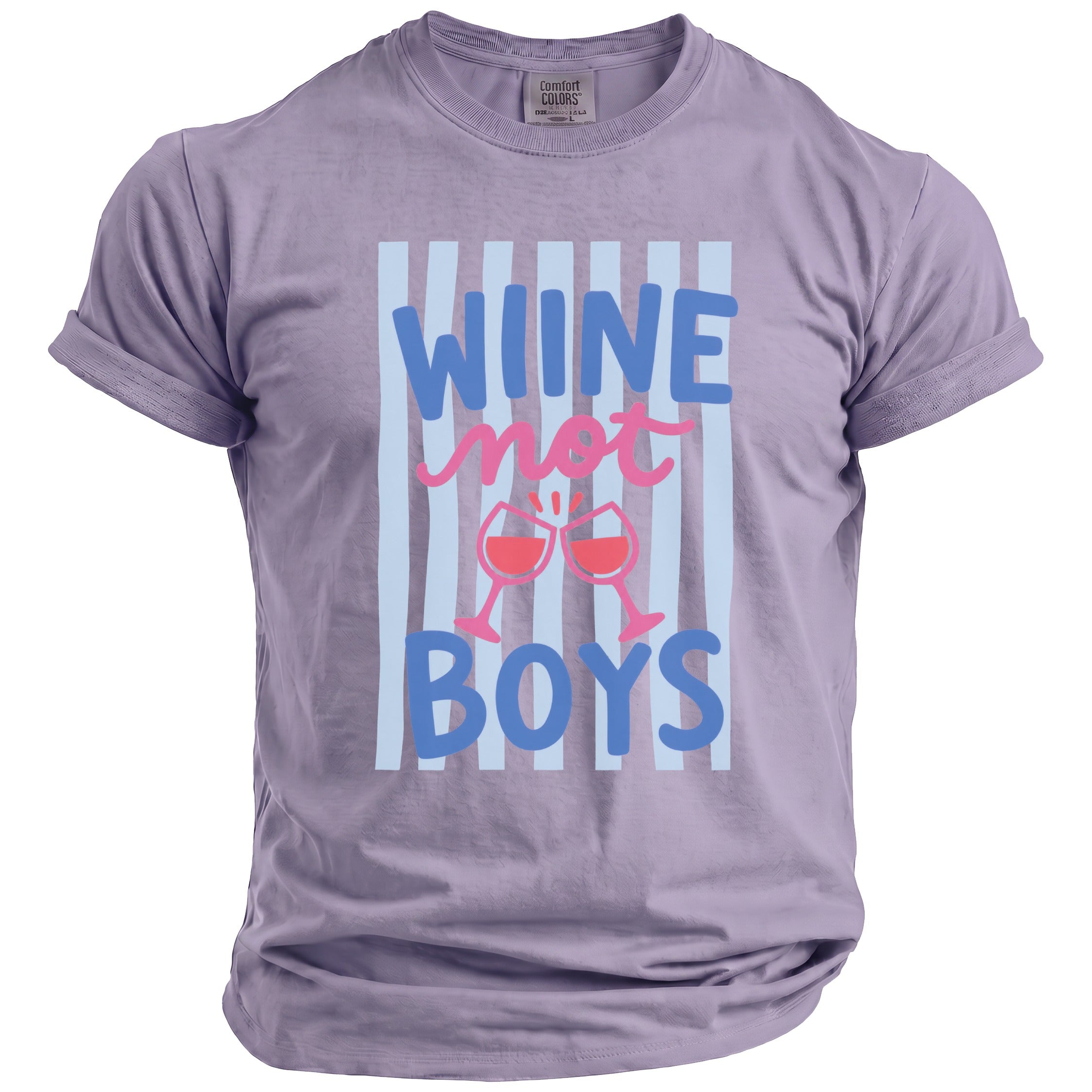 Purple t-shirt with "Wine not Boys" text and two wine glasses graphic.