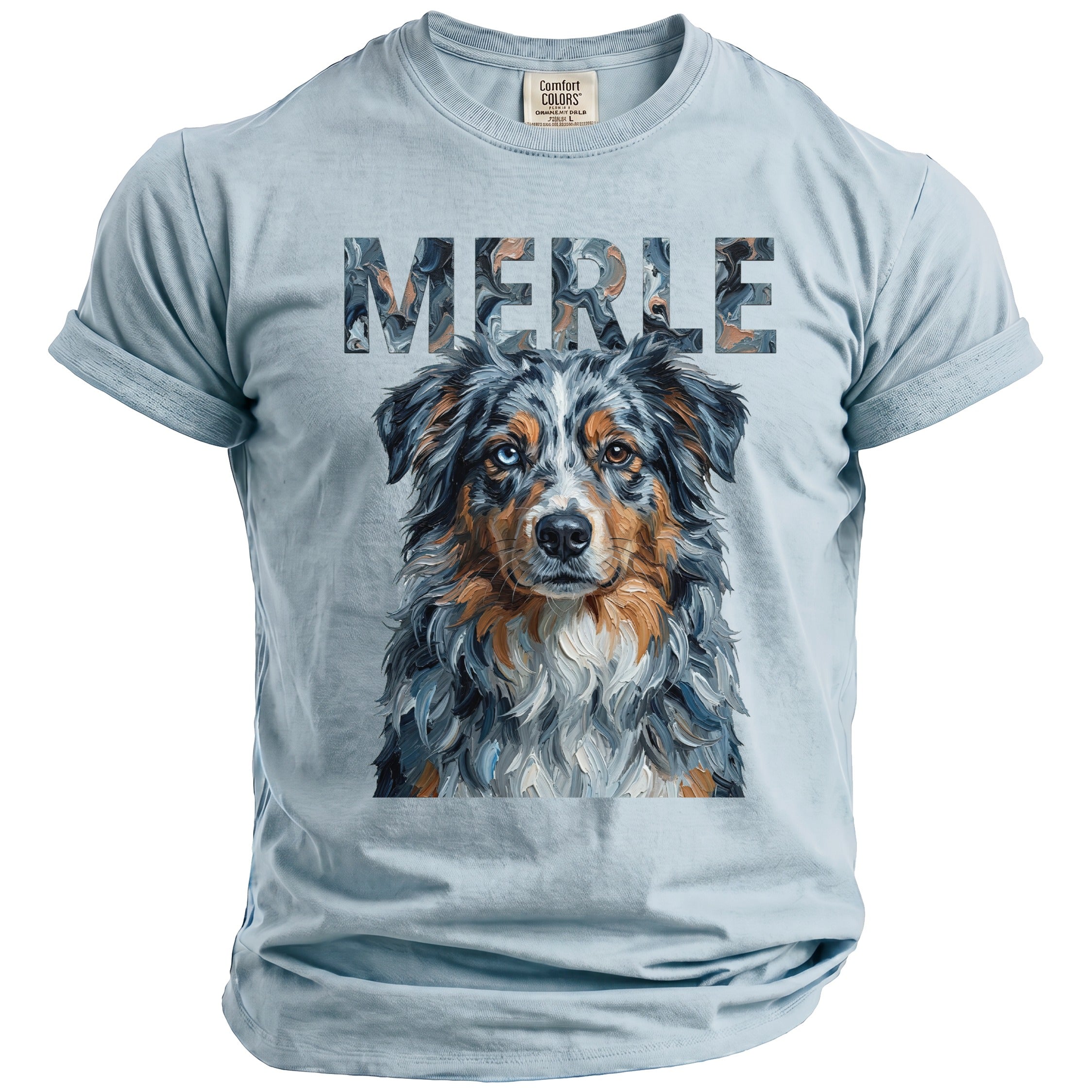 Light blue t-shirt with a painted Australian Shepherd and the word "MERLE".
