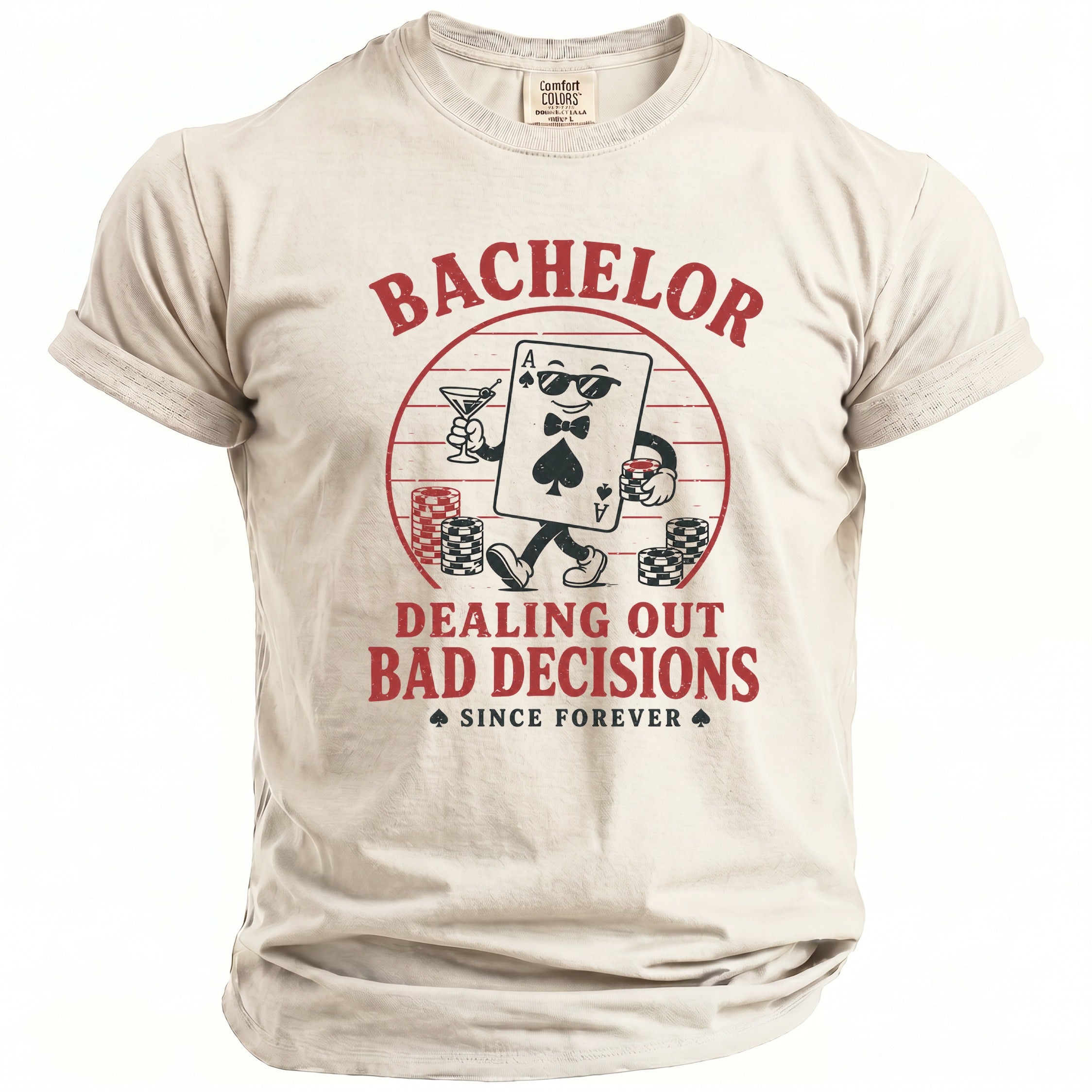 Cream t-shirt with red graphic of an ace of spades dealing out bad decisions.