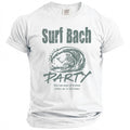 White t-shirt with skeleton surfing a wave, text "Surf Bach PARTY".
