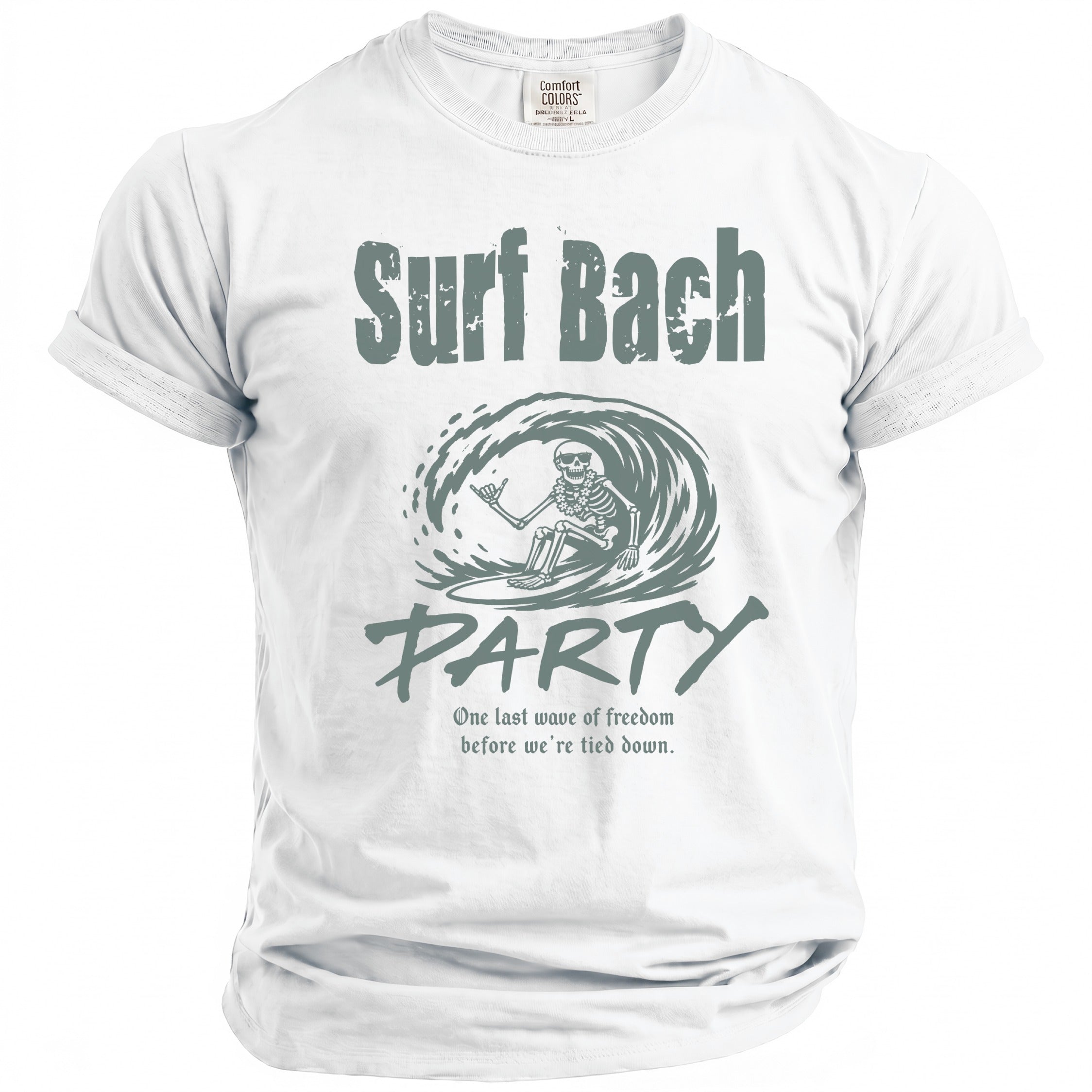 White t-shirt with skeleton surfing a wave, text "Surf Bach PARTY".