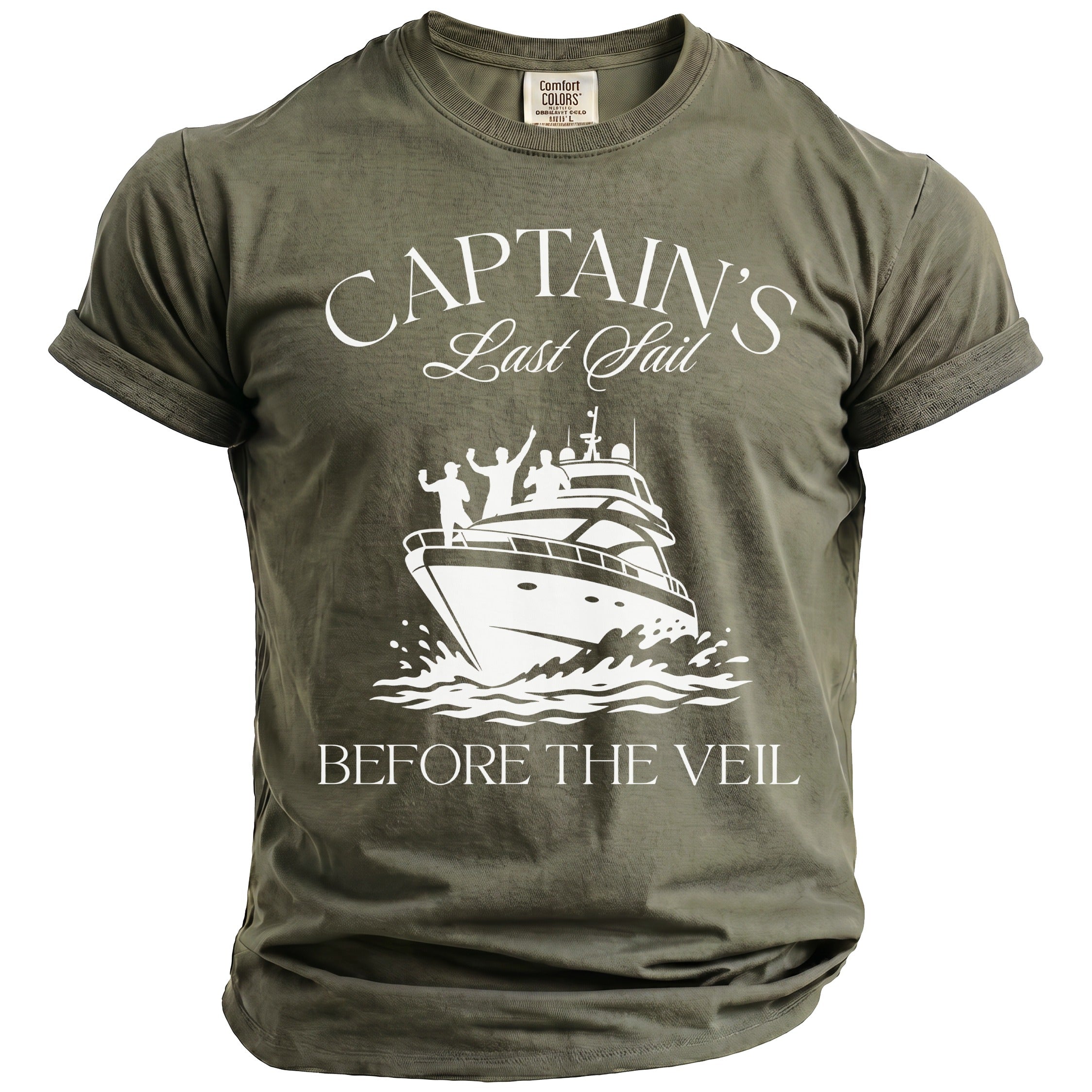 Olive green t-shirt with "Captain's Last Sail Before The Veil" and boat graphic.
