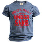 Blue t-shirt with red text "Mike's Bach Under Club Manngement LA, CA Summer 26".