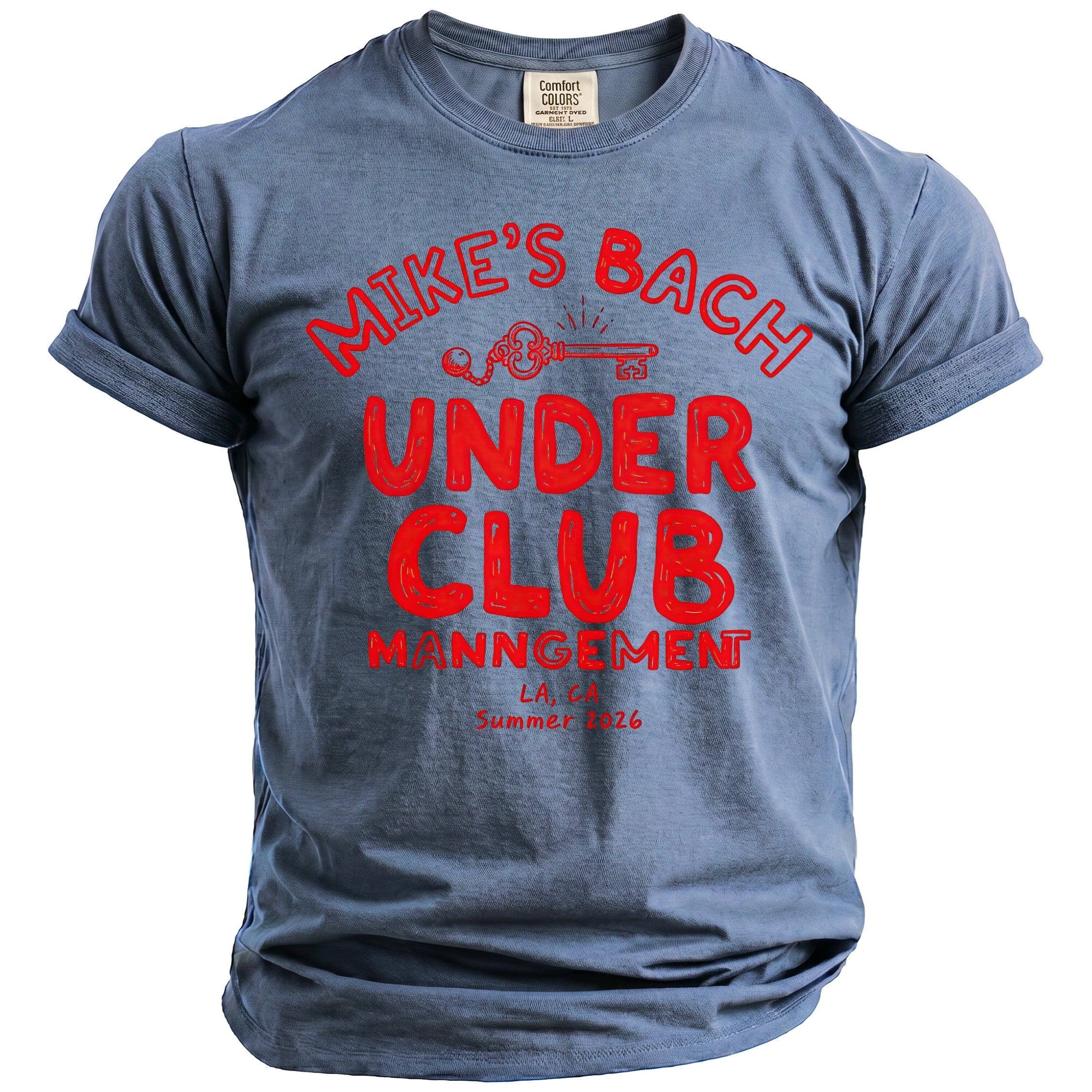 Blue t-shirt with red text "Mike's Bach Under Club Manngement LA, CA Summer 26".