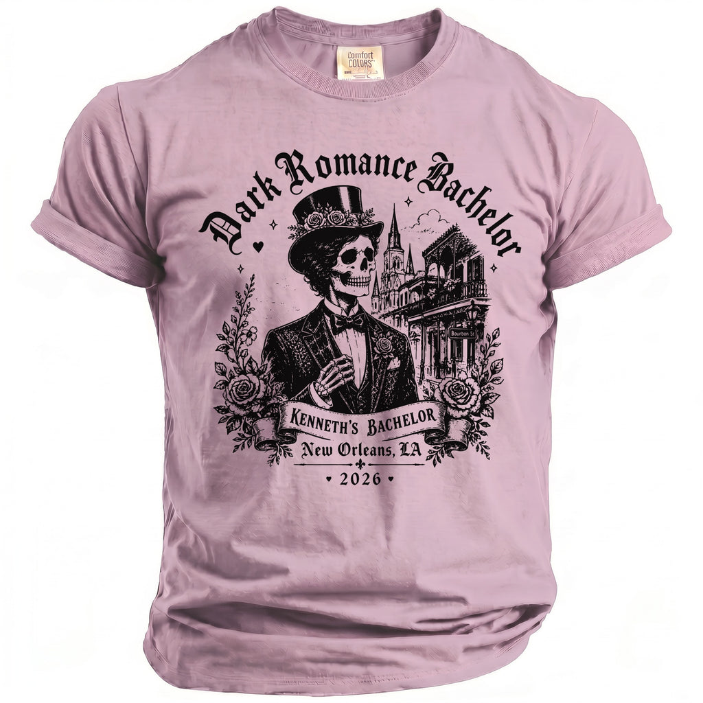 Dark Romance Bachelor t-shirt featuring skeleton in suit, New Orleans buildings, and text.