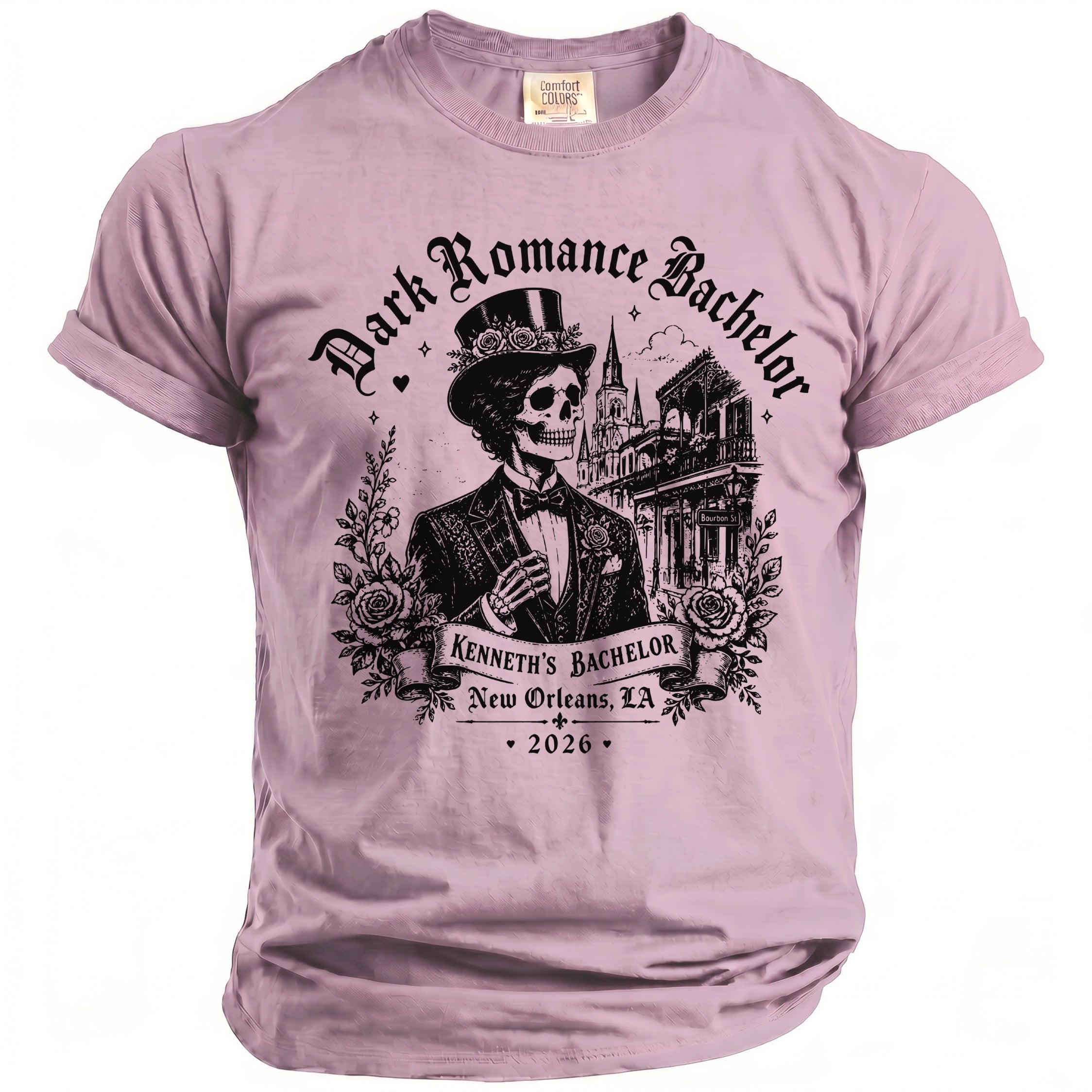 Dark Romance Bachelor t-shirt featuring skeleton in suit, New Orleans buildings, and text.